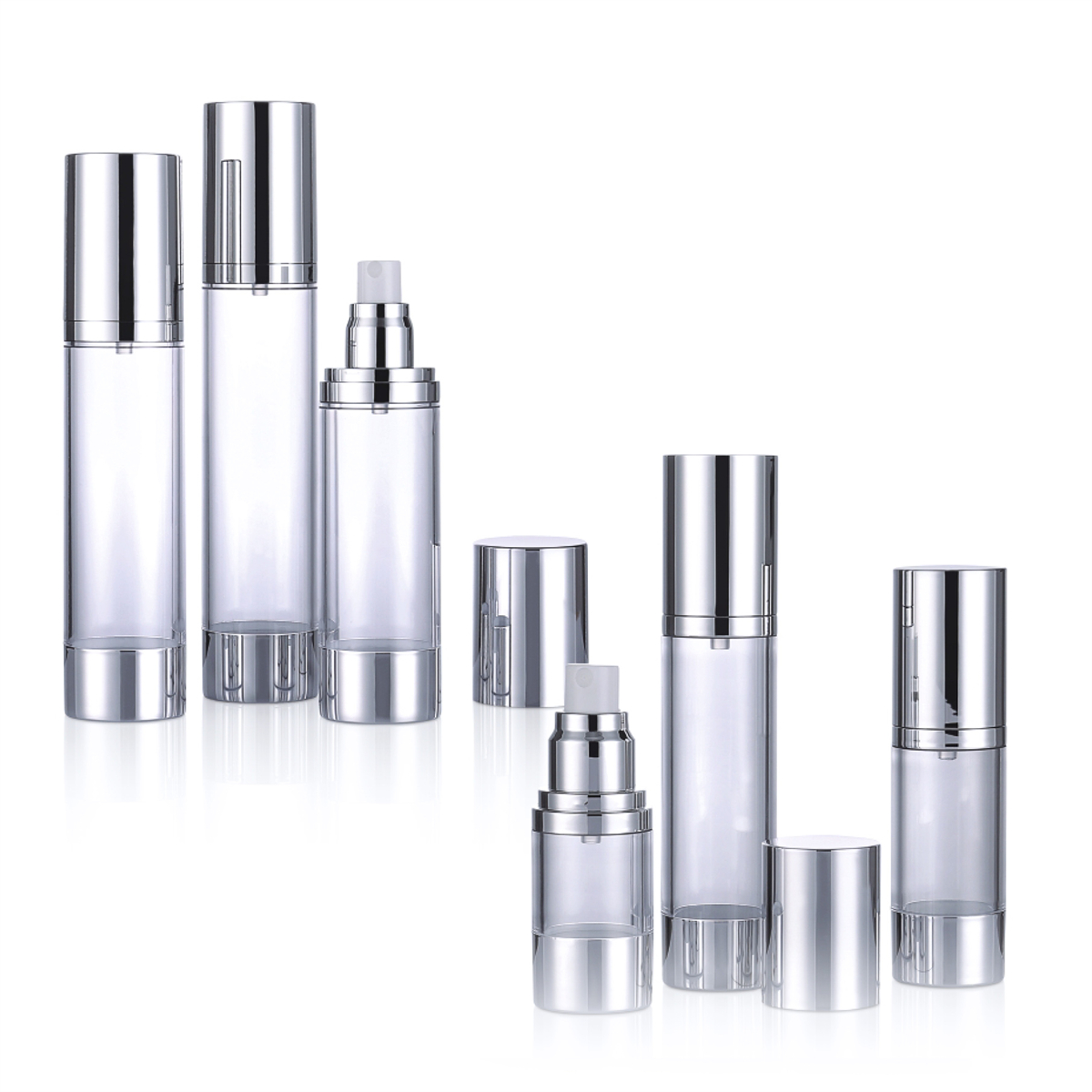 15ml 30ml 50ml 80ml 100ml 120ml Non Spill Luxury Transparent Cosmetic Airless Lotion Pump Bottle With Silver Cap L04